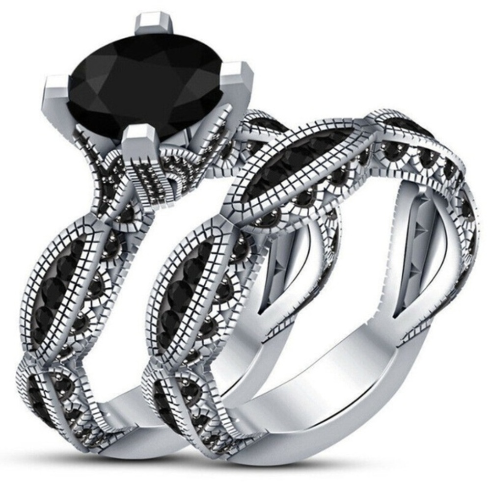 2 pc Set Silver Women Rings Black Sapphire New - Picture 3 of 3